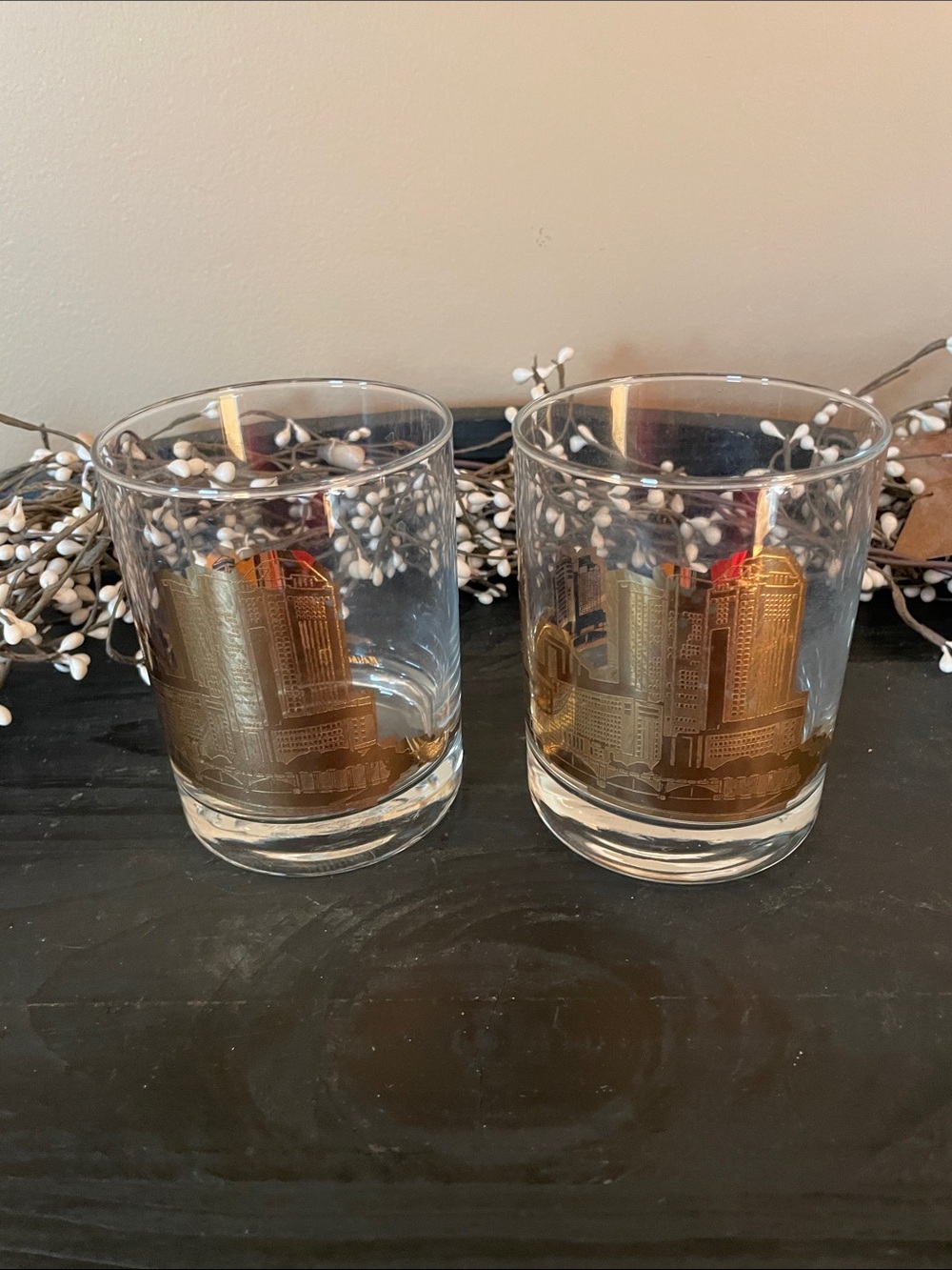 Vintage Marshall Fields Columbus Skyline Gold Etched (Inside & Out) Tumbler Set
